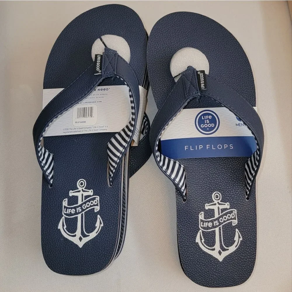 Life Is Good Blue w Nautical Anchor Sandals • Texture Sole • NEW • Sizes 7 8 9